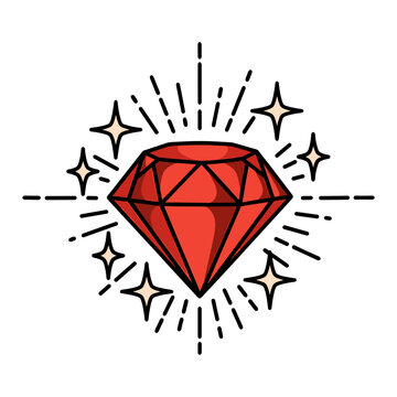 A vibrant red gemstone illustration with radiating lines and sparkling stars.