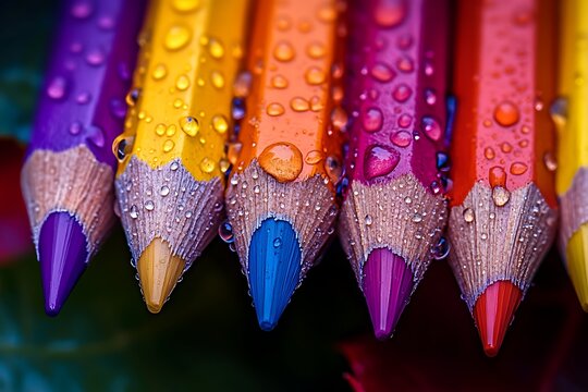 Colorful Pencils with Water Droplets CloseUp of Purple, Yellow, Orange, Blue, and Red Art Supplies