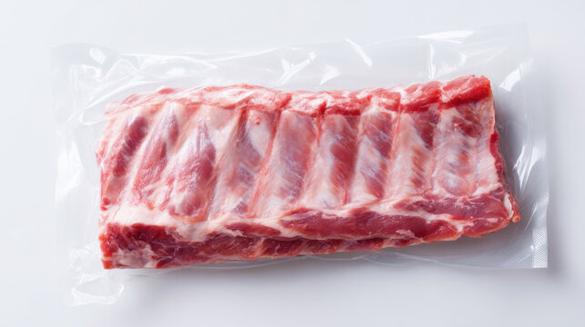Raw pork ribs in vacuum packaging ready for cooking. Fresh, uncooked pork ribs are sealed in a clear plastic package, ready for the grill or oven.