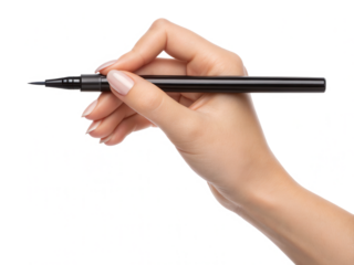 A hand holding a black pen against a black background, showcasing elegance and focus on writing or drawing.
