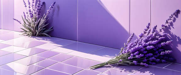 Two lavender bouquets on purple tiled floor. Lavender flowers lying in sunlight. Illustration of lavender bunches indoors. Fragrant lavender placed in soft purple space.