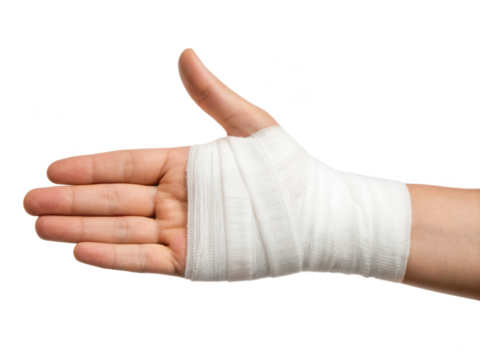A hand with a white bandage wrapped around the fingers and palm, indicating an injury or medical treatment.