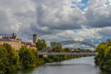 The Luitpoldbr&uuml;cke bridge above the Regnitz river in Bamberg, a medieval city in Upper Franconia, Germany. Famous travel, tourism destination