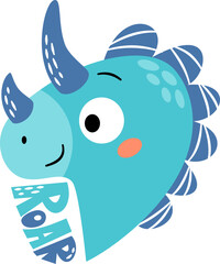 Cute dinosaur face, inscription. Flat vector illustration for printing on children's products. Vector illustration