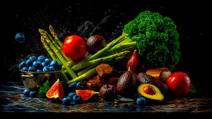 Superfood Still Life: Dramatic Chiaroscuro of Fresh Asparagus, Berries, and Avocado