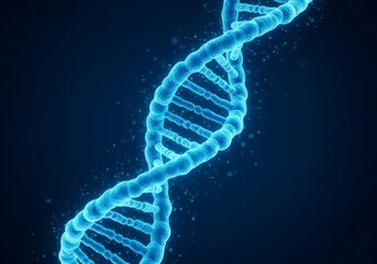 A glowing blue dna double helix structure against a dark blue background with small particles around it