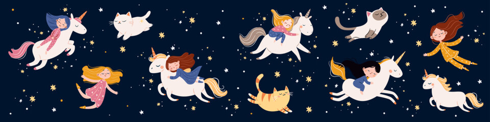 A set of flat vector illustrations in a simple children's style. Cute sleeping girls fly through the night sky on unicorns, flying cats, dreams, and magic. Vector illustration © Alena