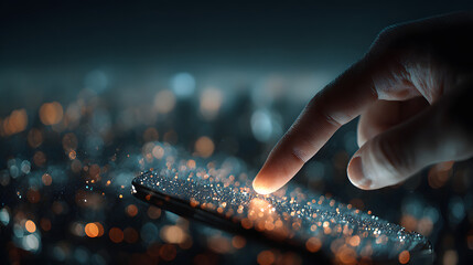 A finger taps on a glowing smartphone screen amidst blurred lights and floating particles representing digital connection