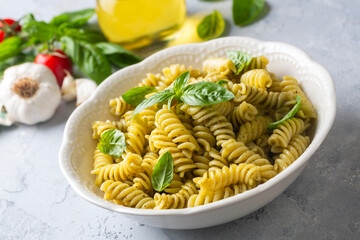 Fusulli pasta with pesto sauce