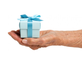 A hand holding a small, decorative gift box with a light blue ribbon.