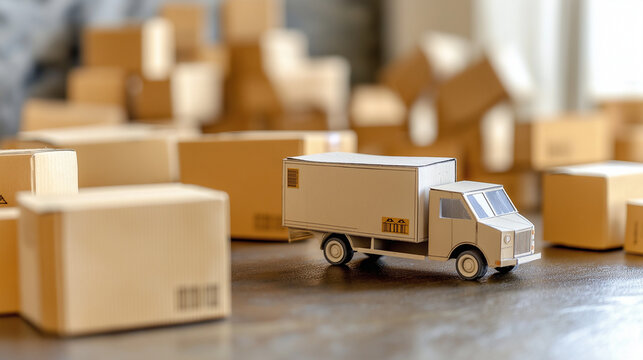 段ボールと配送トラックのミニチュア ― 物流コンセプトのクラフト表現