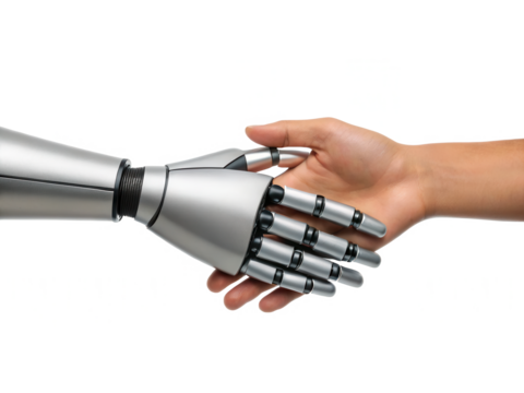 A robotic hand reaching to clasp a human hand, symbolizing the connection between technology and humanity.