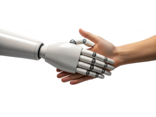A robotic hand meets a human hand in a handshake, symbolizing the connection between technology and humanity.