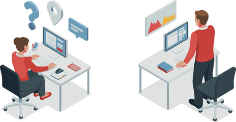 Isometric illustration of two office employees working on computers at desks, modern workplace concept with data charts and communication icons