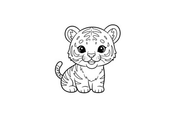 Cute cartoon tiger cub sitting playfully, surrounded by a simple white background, ideal for children's illustrations