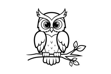 Cute cartoon owl perched on a branch with leaves, showcasing a playful design for coloring activities