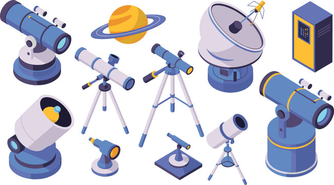 Isometric illustration of various telescopes, radio dishes, and astronomical observation equipment for space exploration, science research, and stargazing concept