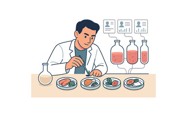 synthetic food designer creating lab grown meals tailored to individual nutrition flat vector illustration style isolated on white background