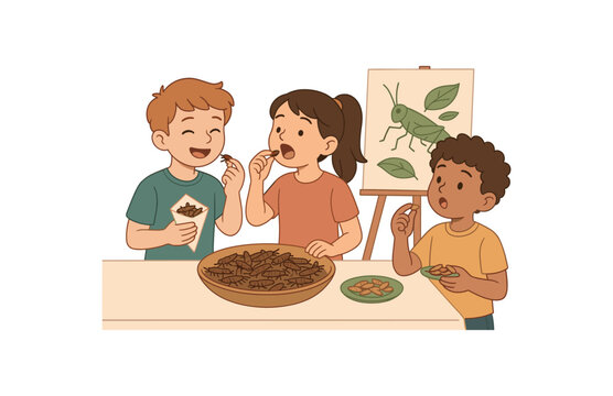 kids tasting insect snacks educational tasting event promoting sustainable diets flat vector illustration style isolated on white background