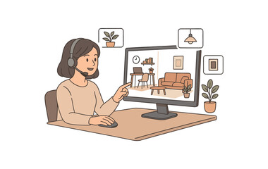 virtual interior designer customizing digital spaces for remote work and social life flat vector illustration style isolated on white background