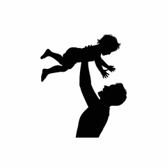 A black silhouette illustration on a white background depicting a parent lifting a child high in the air in a playful pose.