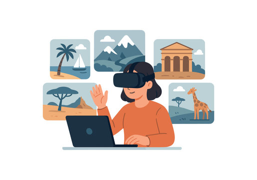 vr travel curator designing immersive tourism experiences digital worlds flat vector illustration style isolated on white background