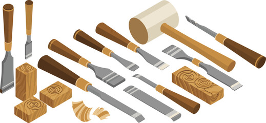 Isometric illustration of woodworking tools including chisels, mallet, and carved wooden blocks for craft, carpentry, and wood sculpture design