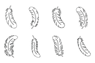 Feather outline vector set, hand drawn bird feathers, boho decorative line art, minimalist nature design elements. vector illustration .
