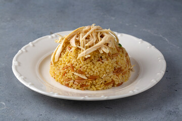 Bulgur pilaf with chicken and noodles. Turkish name; Tavuklu bulgur pilavi