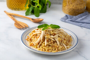 Bulgur pilaf with chicken and noodles. Turkish name; Tavuklu bulgur pilavi