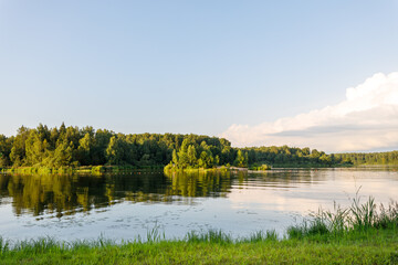 Calm lake with trees in the background
