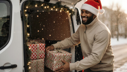 Fototapeta premium An african american man wearing a festive Santa hat smiles as he lifts colorful Christmas gifts from the back of a van. Snow gently falls around him in a cheerful winter setting.