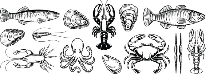 Obraz premium Seafood collection with fish lobster crab octopus oysters