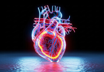 Glowing anatomical human heart with intricate details and vibrant neon blue and red light, isolated on black background