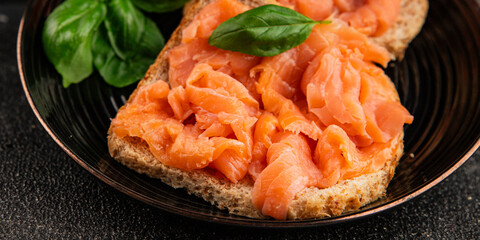 sandwich salmon smoked fish open sandwich delicious fresh portion size natural product tasty snack fresh delicious gourmet food background on the table rustic top view copy space pescetarian diet