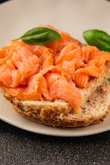 sandwich salmon smoked fish open sandwich delicious fresh portion size natural product tasty snack fresh delicious gourmet food background on the table rustic top view copy space pescetarian diet