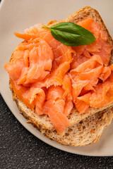 sandwich salmon smoked fish open sandwich delicious fresh portion size natural product tasty snack fresh delicious gourmet food background on the table rustic top view copy space pescetarian diet