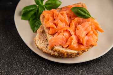 sandwich salmon smoked fish open sandwich delicious fresh portion size natural product tasty snack fresh delicious gourmet food background on the table rustic top view copy space pescetarian diet