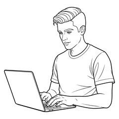 Young Man Focused on Laptop A Black and White Illustration of Digital Work and Technology
