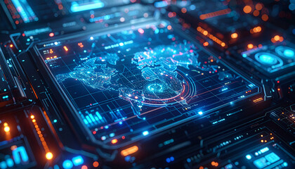 Digital Blueprint: A close-up view of an intricate circuit board, radiating with neon lights and futuristic elements. The central display showcases a digital world map.