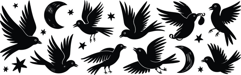 Obraz premium Black birds moons stars silhouette Bundle flying crescent