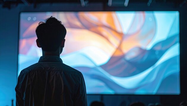 Audience watching large abstract screen — creative conference presentation with vibrant digital visuals - Powered by Adobe