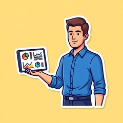 Cartoon Man Presenting Charts on a Tablet for Business and Finance