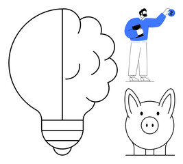 Brain-shaped lightbulb, piggy bank, and businessman depositing a coin reflecting innovation, savings, financial growth, investment strategy, creativity, planning, and education in a simple flat