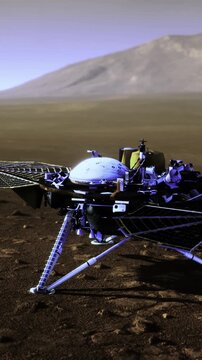A sophisticated robotic lander explores the surface of Mars, analyzing soil and atmosphere under a hazy sky. Its solar panels extend, harnessing energy for scientific operations.