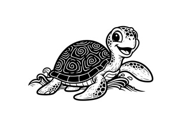 Playful cartoon turtle swimming joyfully in ocean waves with intricate patterns and cheerful expression