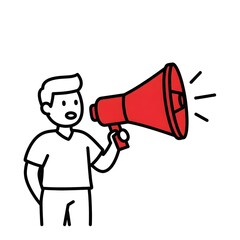 Person with red megaphone delivering an announcement in minimalist line art, symbolizing communication, marketing, and public awareness