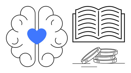 Brain with a centered heart symbol, open book, and coin stack emphasizing knowledge, empathy, and financial value. Ideal for education, psychology, finance, self-improvement learning compassion