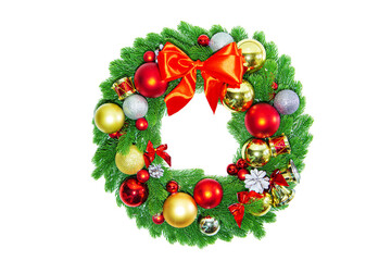 Christmas wreath with red and gold balls isolated on a white background.