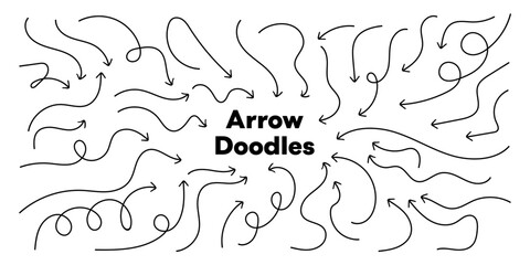 Black Pen Arrow Doodles – Playful Hand-Drawn Brush Arrows: Curved, Wavy & Straight. Ideal for Notes, School Projects & Visual Flow – Vector Art